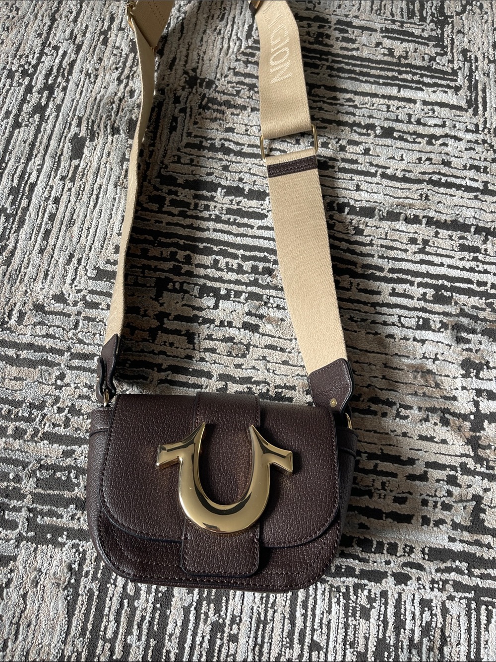 True Religion Chocolate Brown Leather Crossbody with Beige Strap